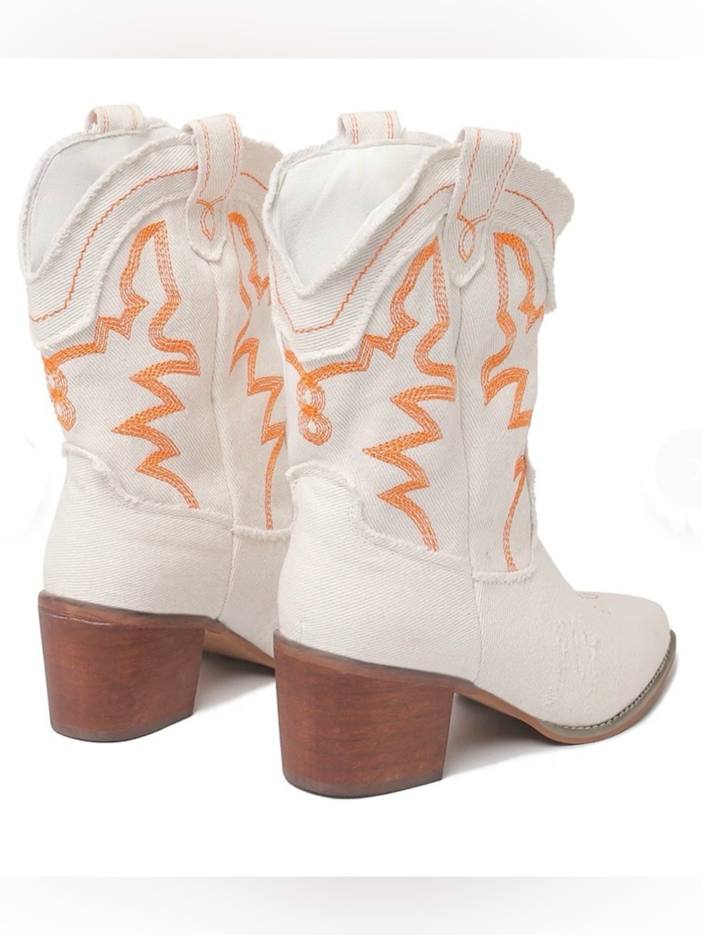 J. Adams Giddyup Mid-Calf White Denim & Orange Distressed Embroidered Boots NWT - Picture 3 of 7